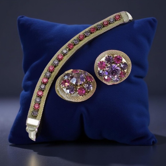 Weiss Mesh Purple Pink Rhinestone Bracelet  & Earrings, 1950s Vintage Jewelry - Picture 3 of 12